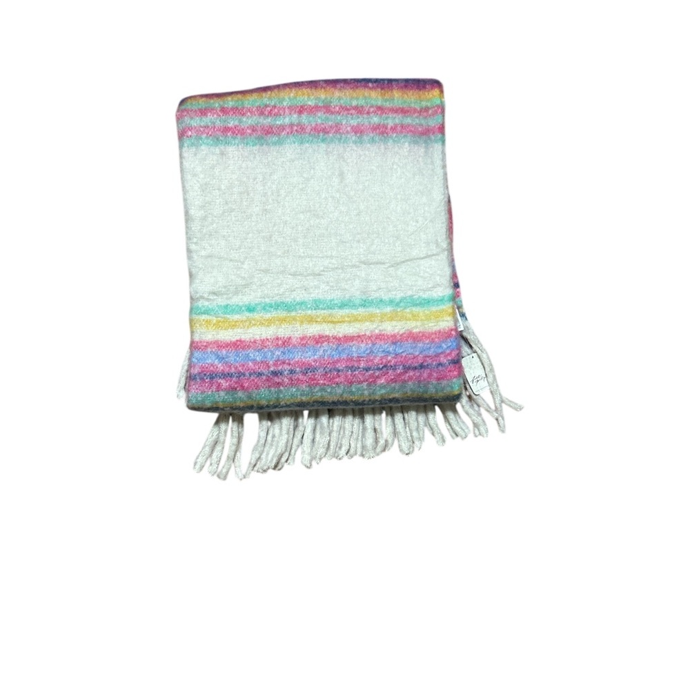 New Free People Pastel Rainbow Stripe Fringe Throw Blanket Soft Cozy - Picture 3 of 4